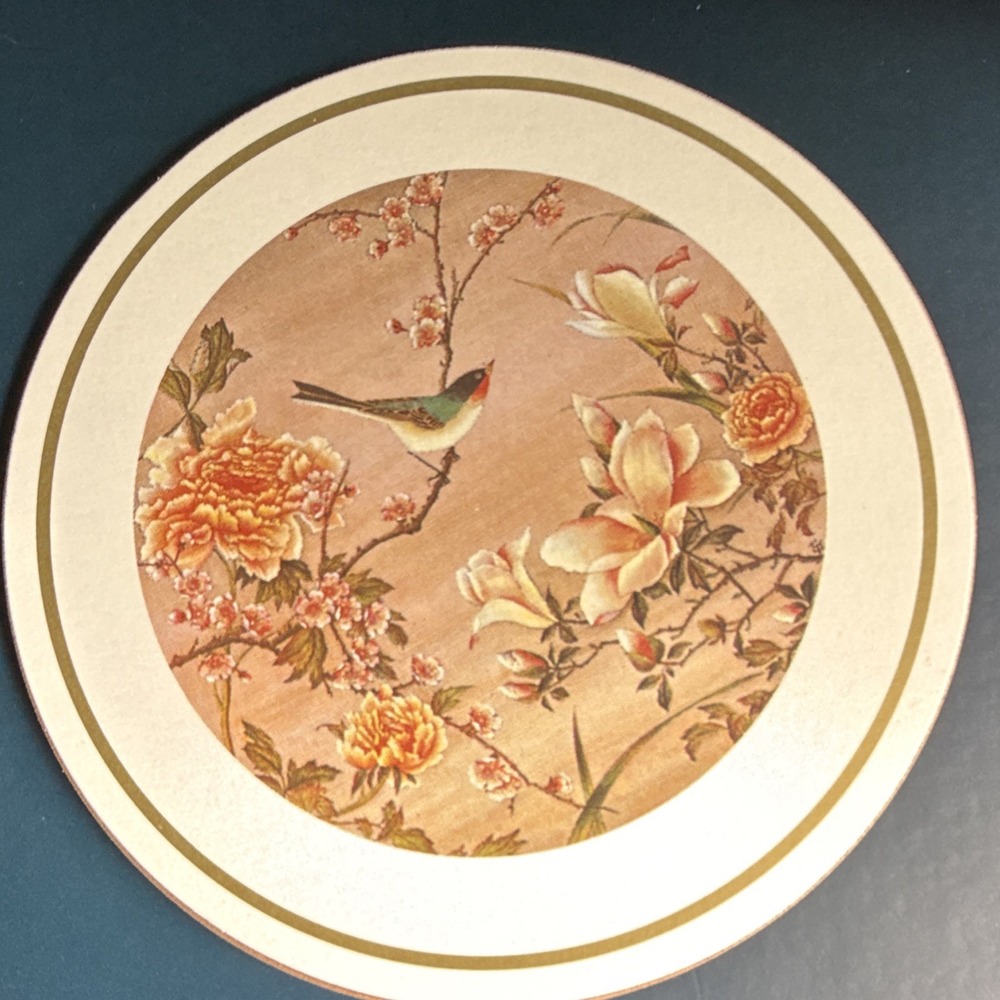 English Life 6pc Round Cork Coaster Set Oriental Birds & Flowers Vintage England
